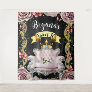 Pink Chair Roses Butterflies Photography Backdrop Tapestry