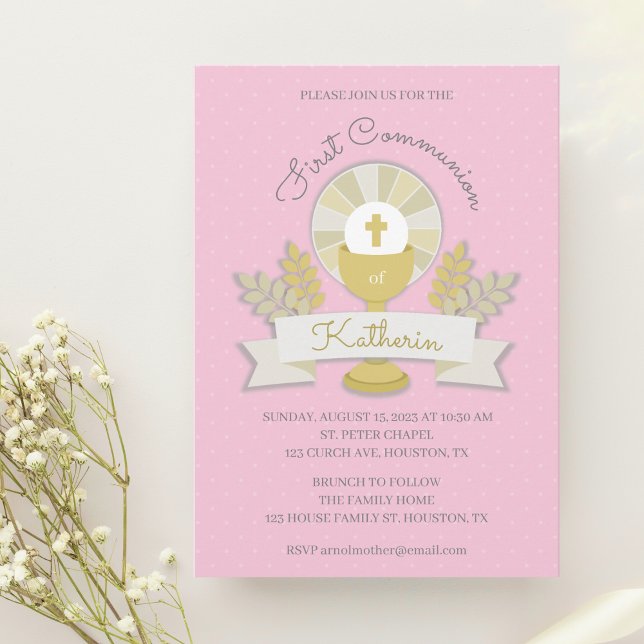 Pink Chalice and host first communion invitation (Creator Uploaded)