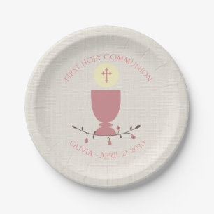Pink Chalice First Communion Paper Plate