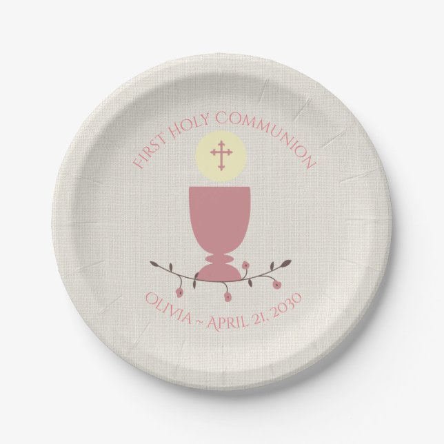 Pink Chalice First Communion Paper Plate (Front)