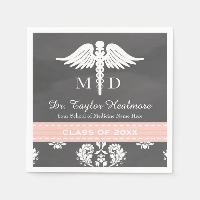 Pink Chalkboard Caduceus Medical School Graduation Napkin (Front)