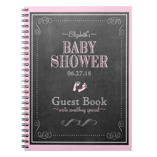 Pink Chalkboard Footprints Baby Shower Guest Book (Front)