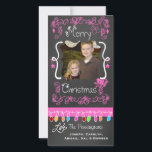 Pink Chalkboard Merry Christmas Holiday Photo Card<br><div class="desc">Merry Christmas holiday photo cards with a chalkboard look background,  lots of pink swirls and text that reads Merry Christmas,  a string of colourful tree lights in various colours,  pink hanging ornaments,  and areas you can customise these beautiful and bright holiday photo cards with your photo and names!</div>
