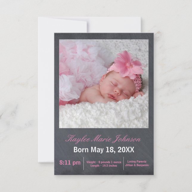 Pink Chalkboard Photo - 3x5 Birth Announcement (Front)