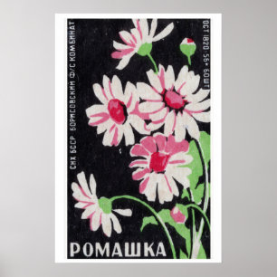 Pink Chamomile Flowers Matchbox Art Print, Russian Poster
