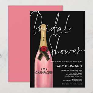 Pink Champagne Bottle Script Black Bridal Shower Invitation