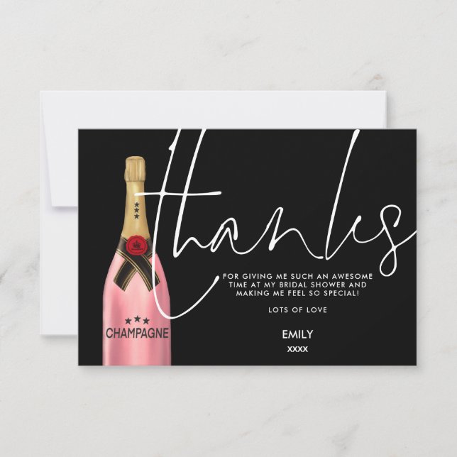Pink Champagne Bottle Script Black Bridal Shower T Thank You Card (Front)