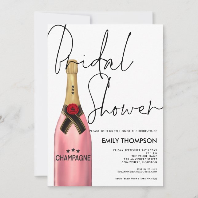 Pink Champagne Bottle Script White Bridal Shower Invitation (Front)