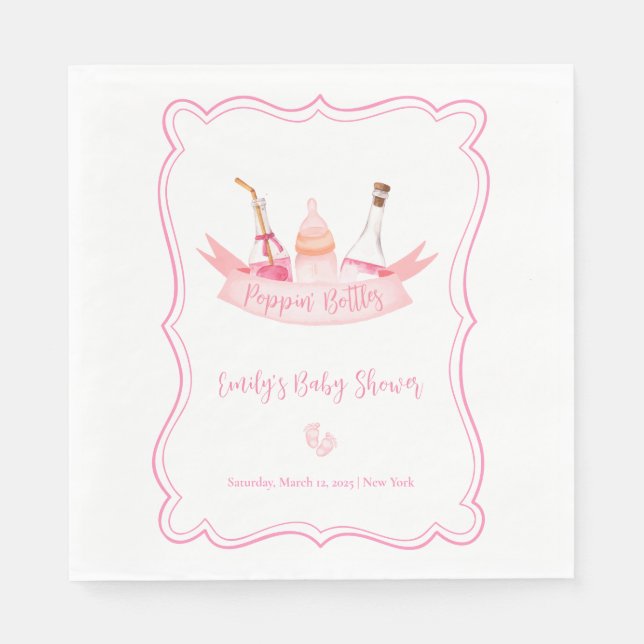 Pink Champagne Bottles Feet Frame Baby Shower  Napkin (Front)