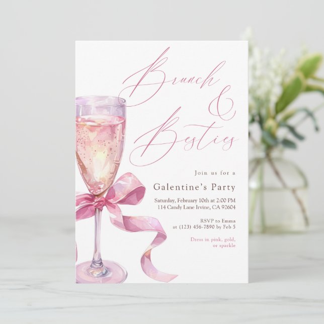 Pink Champagne Bow Brunch & Besties Galentine’s  Invitation (Standing Front)