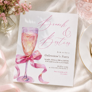 Pink Champagne Bow Brunch & Besties Galentine’s Invitation