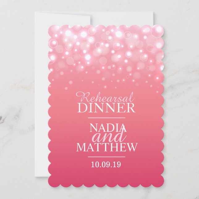 Pink champagne bubbles rehearsal dinner invite (Front)
