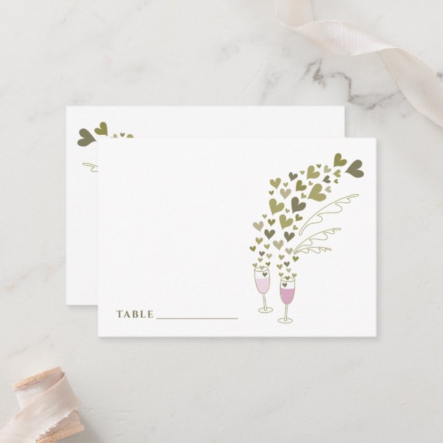 Pink Champagne Cheers And Gold Hearts Chic Wedding Place Card (Front/Back In Situ)