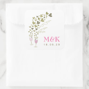 Pink Champagne Cheers Floating Gold Hearts Wedding Square Sticker