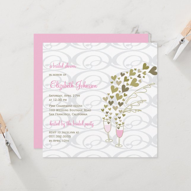 Pink Champagne Cheers Golden Hearts Bridal Shower Invitation (Front/Back In Situ)