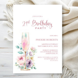 Pink Champagne Floral 21st Birthday Party Invitation