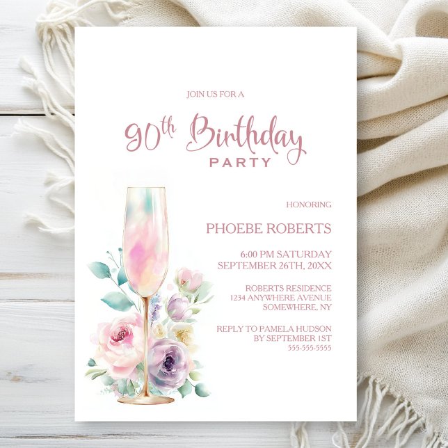 Pink Champagne Floral 90th Birthday Party Invitation (Creator Uploaded)