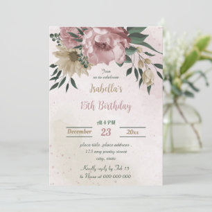 pink champagne flowers botanical birthday invitation