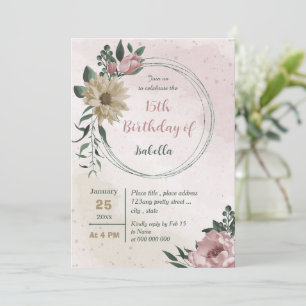 pink champagne flowers botanical birthday  invitation