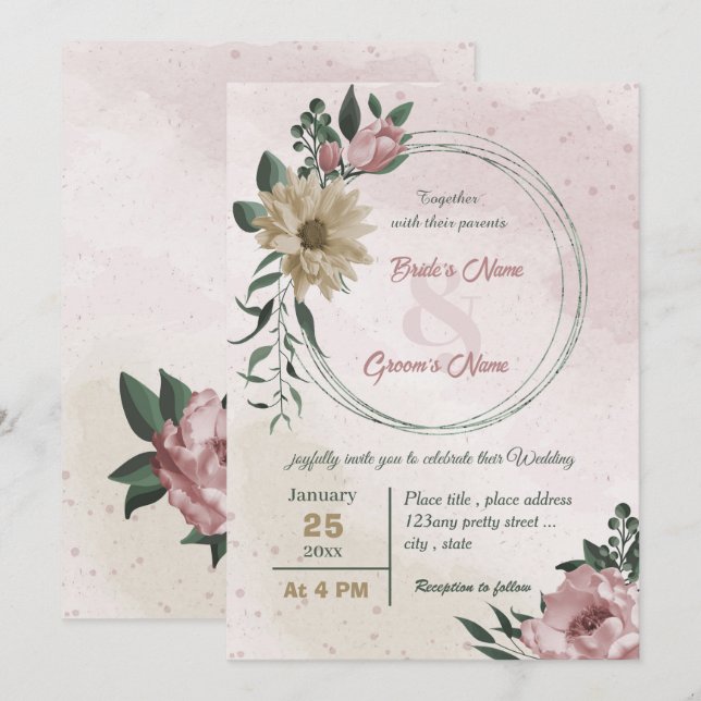 pink champagne flowers botanical wedding  invitation (Front/Back)