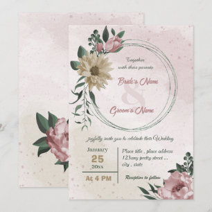 pink champagne flowers botanical wedding  invitation