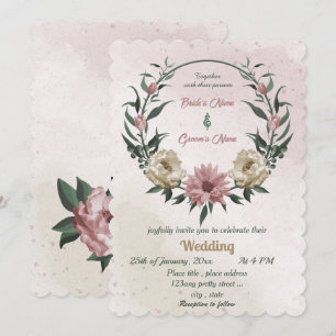 pink champagne flowers botanical wedding  invitation