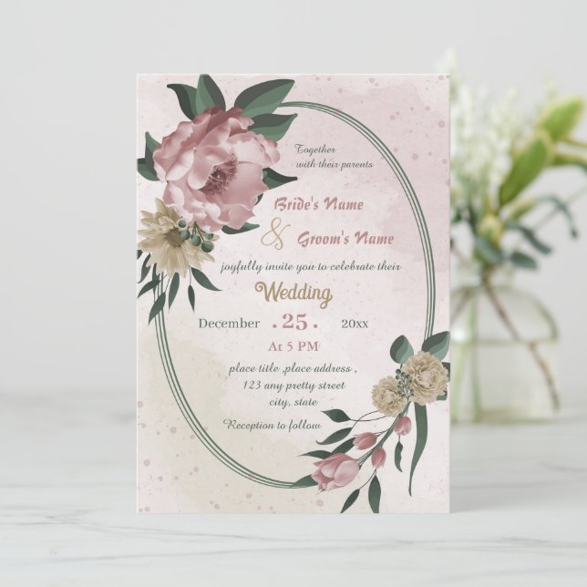 pink champagne flowers geometric wedding  invitation (Standing Front)