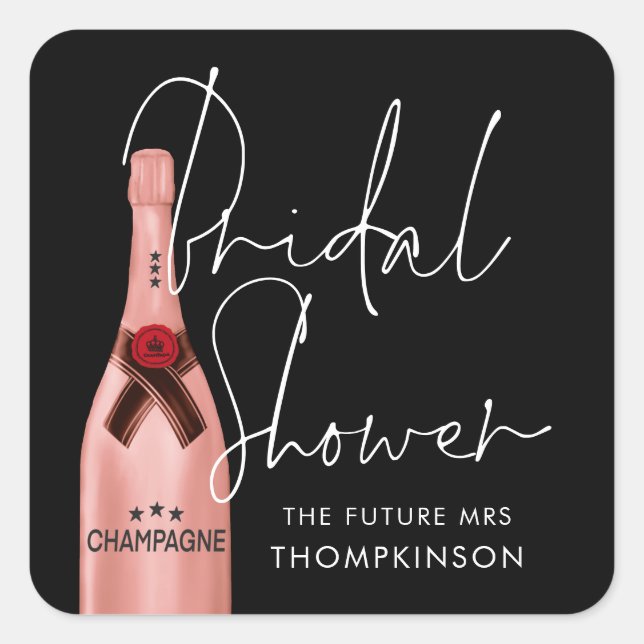 Pink Champagne Future Mrs Name Black Bridal Shower Square Sticker (Front)