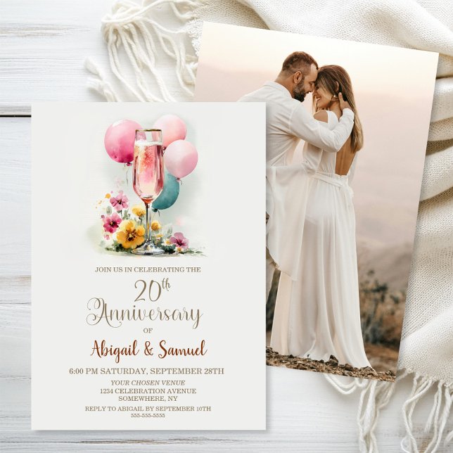 Pink Champagne Glass 20th Wedding Anniversary Invitation (Creator Uploaded)