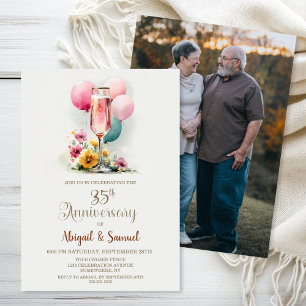 Pink Champagne Glass 35th Wedding Anniversary Invitation