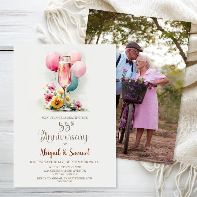Pink Champagne Glass 55th Wedding Anniversary Invitation (Creator Uploaded)