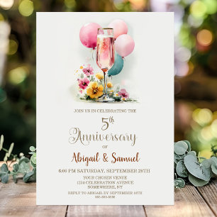 Pink Champagne Glass 5th Wedding Anniversary Invitation