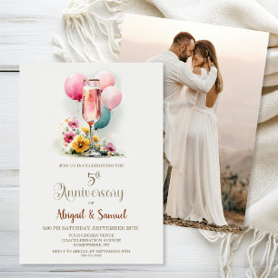 Pink Champagne Glass 5th Wedding Anniversary Invitation