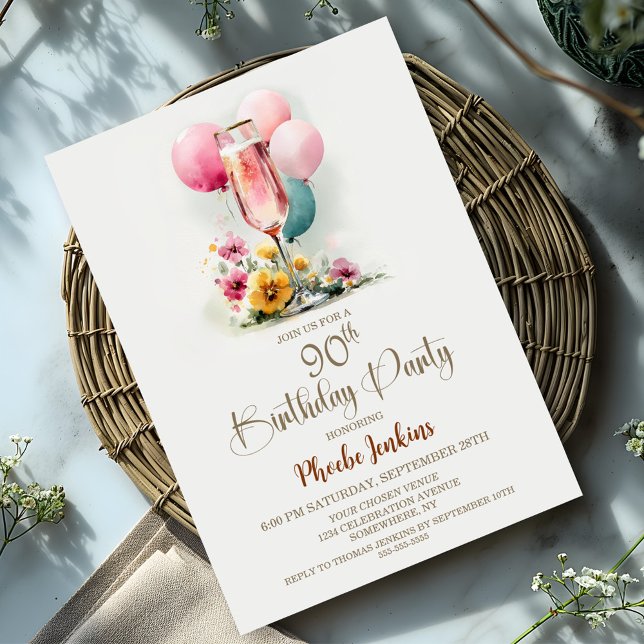 Pink Champagne Glass 90th Birthday Party Invitation (Creator Uploaded)