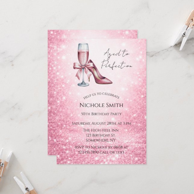 Pink Champagne Glass Aged To Perfection Birthday Invitation (Front/Back In Situ)