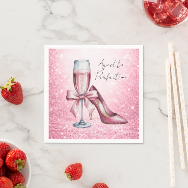 Pink Champagne Glass Aged To Perfection Birthday Napkin (Insitu)