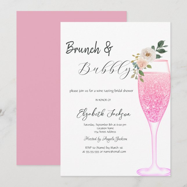 Pink Champagne Glass Flower Brunch & Bubbly  Invitation (Front/Back)