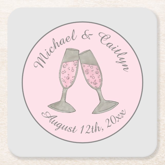 Pink Champagne Glasses Bridal Shower Wedding Square Paper Coaster (Front)