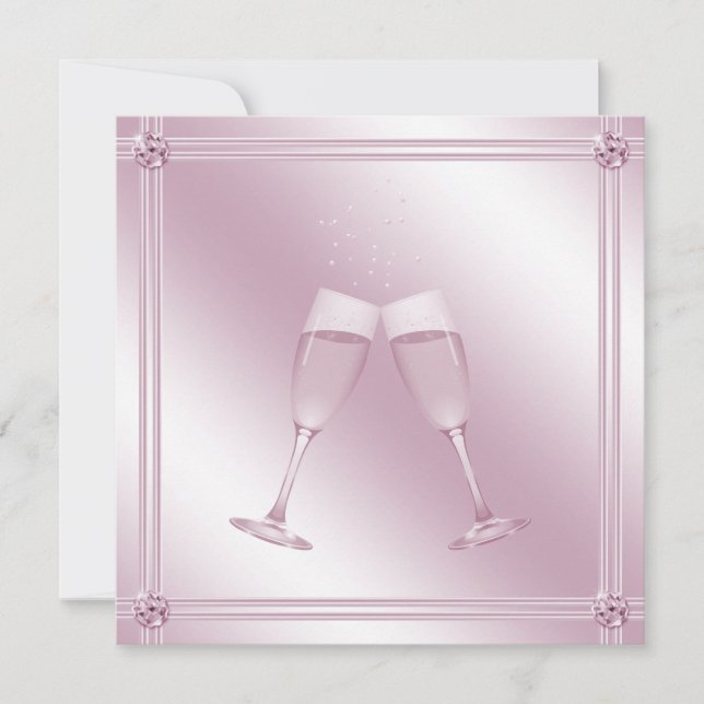 Pink Champagne Glasses & Diamonds Engagement Party Invitation (Front)