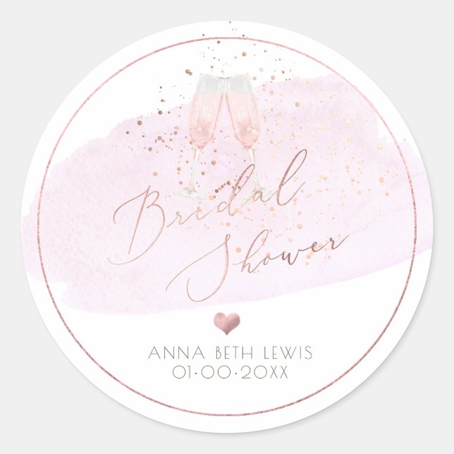 Pink Champagne Glasses, Watercolor Bridal Shower Classic Round Sticker (Front)