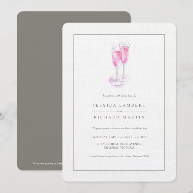 Pink champagne glasses wedding invitations (Front/Back)