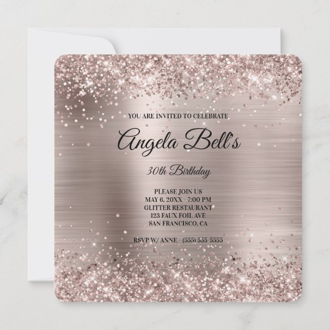 Pink Champagne Glitter Foil Fancy Monogram Invitation (Back)