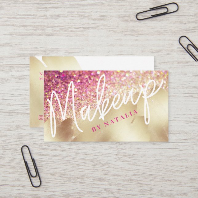 Pink & Champagne Glitter Gold Foil Beauty Makeup Business Card (Front/Back In Situ)