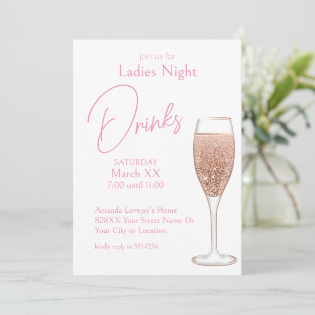 Pink Champagne Ladies Night Drinks Invitation (Standing Front)