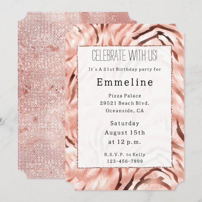 Pink Champagne Rose Glam Zebra Invitation (Front/Back)