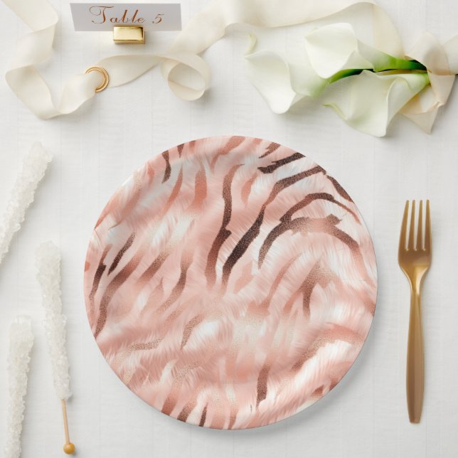 Pink Champagne Rose Glam Zebra Paper Plate (Wedding)