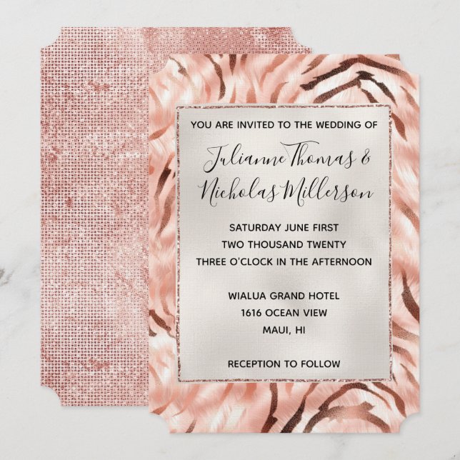 Pink Champagne Rose Pearl Glam Zebra Wedding Invitation (Front/Back)
