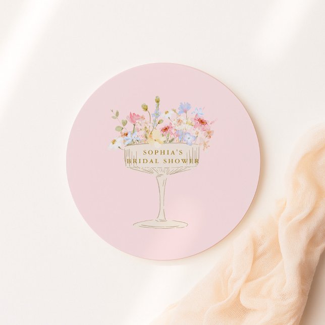 Pink Champagne wildflower bridal shower Classic Round Sticker (Creator Uploaded)
