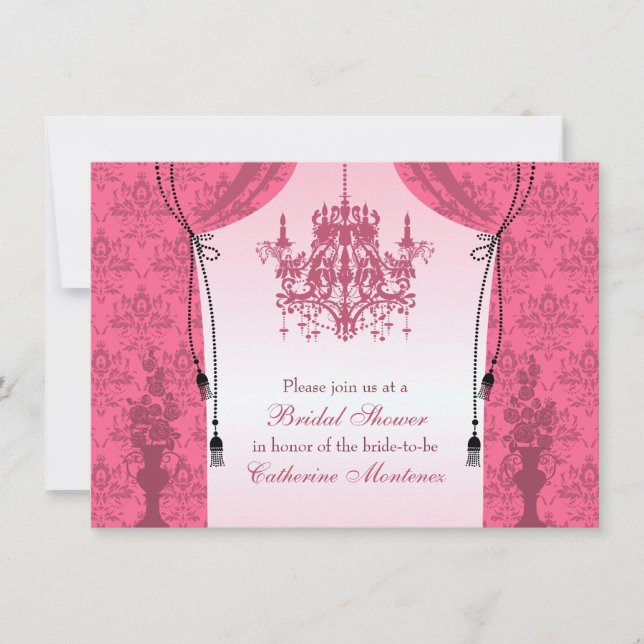 Pink Chandelier and Damask Curtains Bridal Shower Invitation (Front)