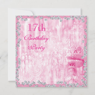 Pink Chandelier & Diamonds 17th Birthday Invitation